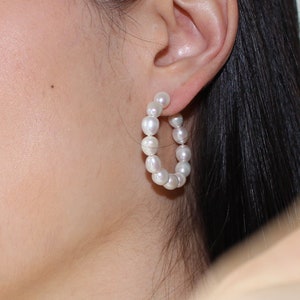 Pearl Hoop Earrings, Pearl Hoops, Pearl Hoop Earrings, Wedding Jewelry, Gold Hoop Earrings, Fresh Water Pearl Earrings, Real pearl Earrings image 3