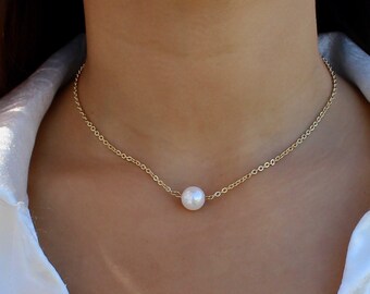 Pearl Necklace, Large Pearl Necklace, Wedding Necklace, Bridesmaid Gift, Bridal Jewelry, Dainty Gold Necklace, Silver Pearl Choker Necklace