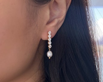 Pearl Dangle Earrings, Non-Tarnish Gold Earrings, Freshwater Pearl Drop Earrings, Wedding Earrings, Pearl CZ Chain Earring, Diamond Earrings