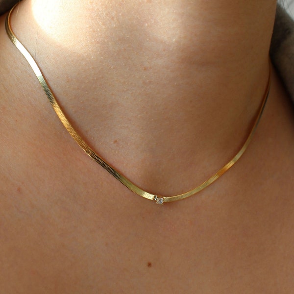 Snake Chain Necklace, CZ Herringbone Choker Necklace, Gold Filled Necklace, Gold Snake Flat Chain Necklace, Layering Necklace, Dainty Choker