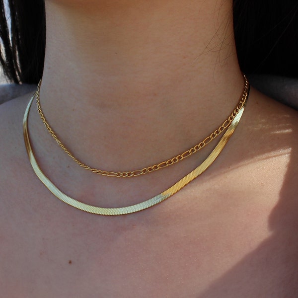 Ensemble de collier Choker à couches d’or, ensemble de colliers de chaîne en or, collier double couche, chaîne Figaro, chaîne à chevrons, collier double brin