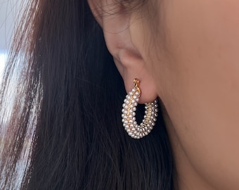 Pave Pearl Hoop Earrings, Gold Pearl Thick Hoops, Statement Hoop Earrings, Wedding Jewelry, Trendy Gold Hoop Earrings, Tiny Pearl Earrings