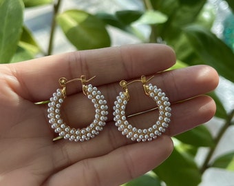 Pave Pearl Hoop Earrings, Gold Pearl Thick Hoops, Statement Hoop Earrings, Wedding Jewelry, Trendy Gold Hoop Earrings, Bridesmaid Gift