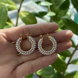 Pave Pearl Hoop Earrings, Gold Pearl Thick Hoops, Statement Hoop Earrings, Wedding Jewelry, Trendy Gold Hoop Earrings, Bridesmaid Gift image 1