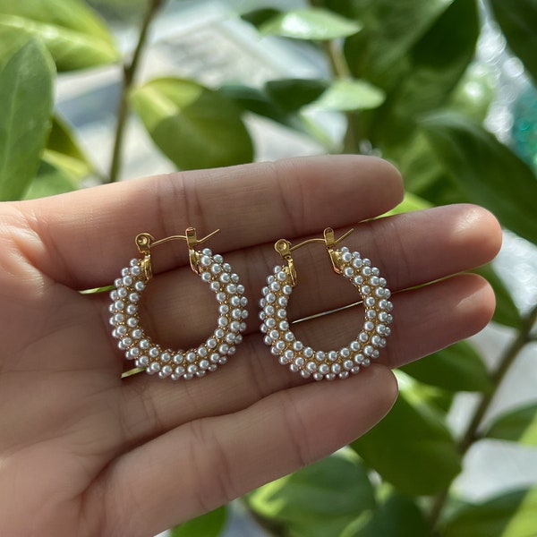 Pave Pearl Hoop Earrings, Gold Pearl Thick Hoops, Statement Hoop Earrings, Wedding Jewelry, Trendy Gold Hoop Earrings, Bridesmaid Gift