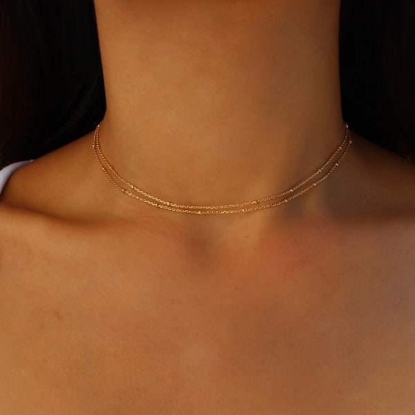 Collar de gargantilla de oro delicado, gargantilla de doble capa, joyería minimalista, gargantilla de cadena satelital, regalo de dama de honor, gargantilla llena de oro delicado