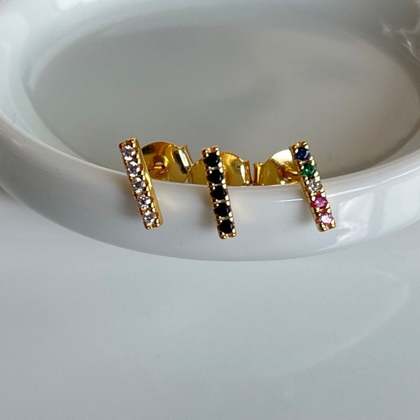 Dainty Bar Studs, Tiny Stud Earrings, Minimalist Earrings, Gold Vermeil CZ Bar Earrings, Black Diamond Earrings, Rainbow Diamond Earrings,