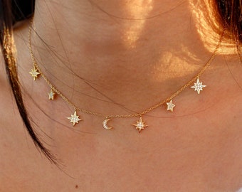 Star & Moon Dangle Choker Necklaces, Star moon Necklace, Dainty Gold Layering Necklace, Dainty Jewelry, Trendy Choker, Festival Jewelry