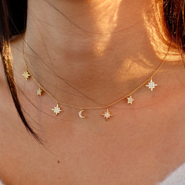 Star & Moon Dangle Choker Necklaces, Star moon Necklace, Dainty Gold Layering Necklace, Dainty Jewelry, Trendy Choker, Festival Jewelry