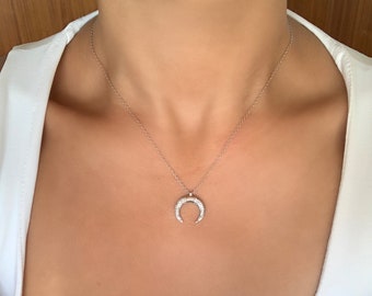 Crescent Moon Necklace, Tusk Necklace, Bridesmaid Gift, Half Moon Necklace, Upside Down Moon Necklace, Double Horn Necklace, Moon Choker