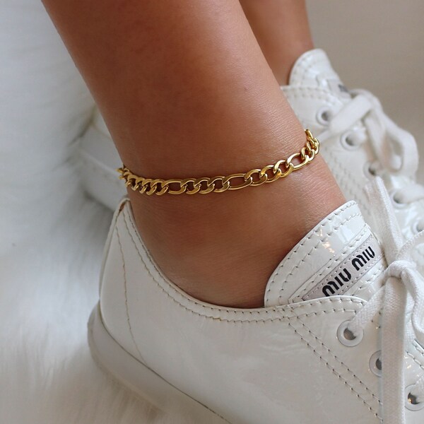 Figaro Chain Anklet, Curb Chain Anklet, Gold Chain Anklet, Thick Chain Anklet, Chunky Stacking Chain Anklet, Statement Anklet, 7mm Chain