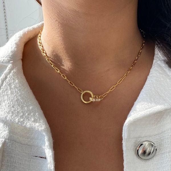 Double Circle Necklace, Paperclip Chain Necklace, Interlocking Circle Necklace, Friendship Necklace, CZ Infinity Necklace, Gift For Her