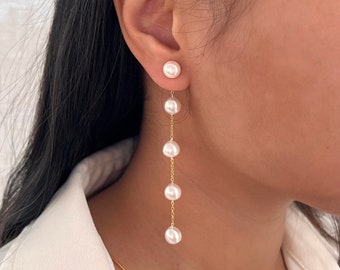 Deux styles en un, boucles d'oreilles en perles d'eau douce, boucles d'oreilles Drop Dangle Threader, boucles d'oreilles longues perles, bijoux de vacances de mariage, cadeau de demoiselle d'honneur