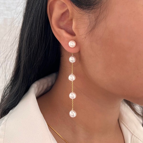 Deux styles en un, boucles d'oreilles en perles d'eau douce, boucles d'oreilles Drop Dangle Threader, boucles d'oreilles longues perles, bijoux de vacances de mariage, cadeau de demoiselle d'honneur