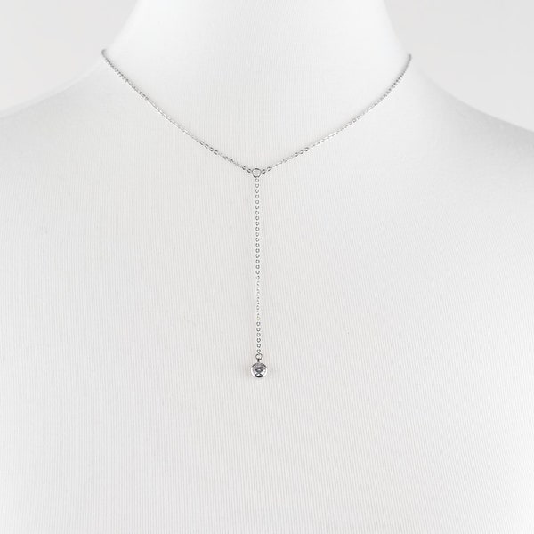 Sterling Silver Necklace, Lariat Necklace, Y Necklace, Cubic Zirconia lariat Necklace, Bridesmaid Gift, Gift For her, Minimalist Necklace