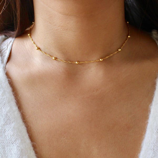 Dainty Gold Choker, Gold Bead Choker, Singapore Chain Necklace, Minimalist Dainty Choker, Dew Drop Choker, Gift Idea, Satellite Chain Choker