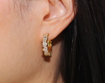 Gold Vermeil Hoops, Baguette Earrings, Baguette Hoop Earrings, Diamond Earrings, Pave CZ HoopsEarrings, Wedding Earrings, Gift For Her
