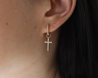 Cross Earrings, Gold Huggie Hoops, Dainty Gold Earrings, Dangle Hoop Earrings, Removable Charm Earrings, Religious Earrings, Gift for her