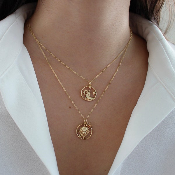 Zodiac Necklace, Gold Coin Necklace, Layering Necklace, Sterling Silver Birthday Necklace, Minimalist Dainty Necklace, Personalized Necklace