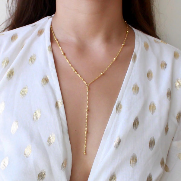 Long Lariat Necklace / Gold Bead Lariat Necklace / Long Necklace / Gold Necklace / Gold Y Necklace / Lariat Necklace / Long Bead Necklace