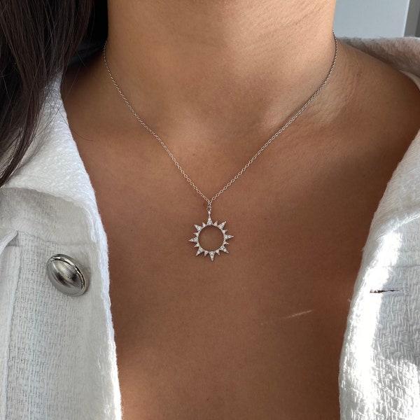 Sun Necklaces, Sterling Silver Sunburst Necklace, Dainty Silver Necklaces, Silver Minimalist Necklaces, Sunshine Necklace, Pave Sun Necklace