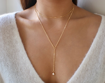 Gold Necklace Set / Gold Long Lariat Necklace / Y Necklace / Cubic Zirconia Necklace / Bridesmaid Gift /Layering Necklace Choker Set