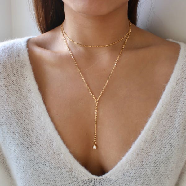 Gold Necklace Set / Gold Long Lariat Necklace / Y Necklace / Cubic Zirconia Necklace / Bridesmaid Gift /Layering Necklace Choker Set