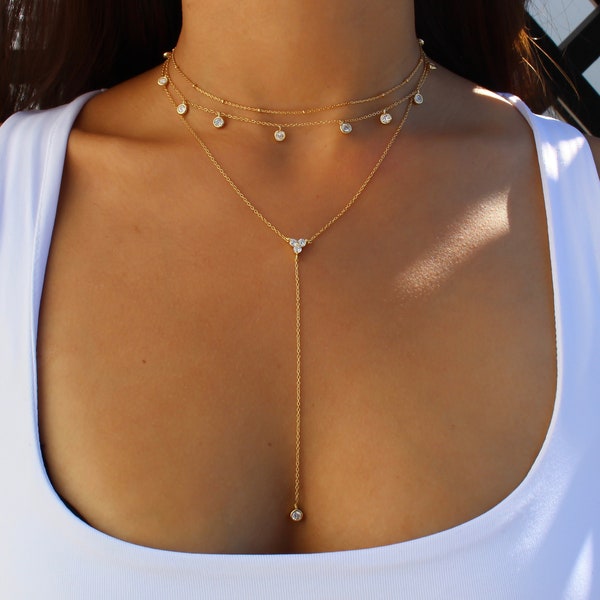 Gold Necklace Set, Gold Lariat Necklace, Dainty Choker, Cubic Zirconia Necklace, Bridesmaid Gift, Layering Necklace Set, Necklace Set