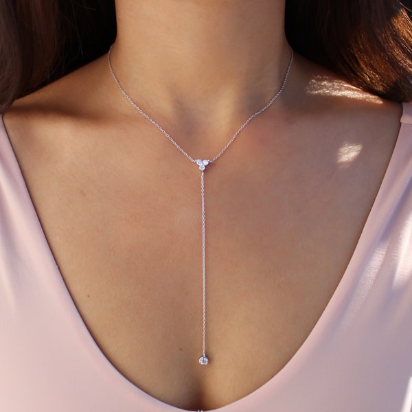 Silver Lariat Necklace, Long Lariat Necklace, Silver Y Drop Necklace, Silver Cubic Zirconia Necklace, Bridesmaid Gift, Layering Necklace