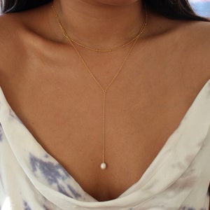 Pearl Lariat Necklace, Dainty Lariat Drop Necklace, Choker Necklace Set, Wedding Necklace, Y Necklace, Bridesmaid Gift, Bridal Jewelry