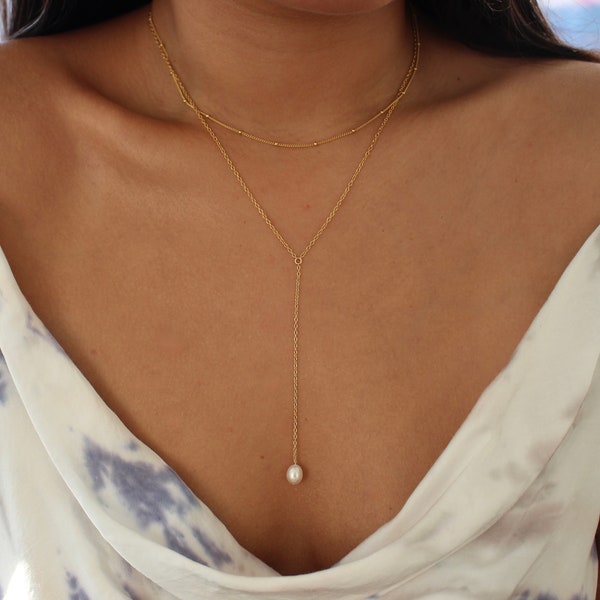 Pearl Lariat Necklace, Dainty Lariat Drop Necklace, Choker Necklace Set, Wedding Necklace, Y Necklace, Bridesmaid Gift, Bridal Jewelry