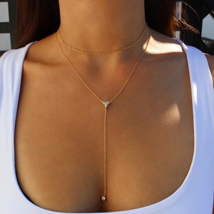 Gold Necklace Set, Gold Long Lariat Necklace, Y Necklace, Cubic Zirconia Lariat Necklace, Bridesmaid Gift, Layering Necklace Choker Set