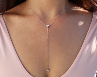 Silver Lariat Necklace, Long Lariat Necklace, Silver Y Drop Necklace, Silver Cubic Zirconia Necklace, Bridesmaid Gift, Layering Necklace