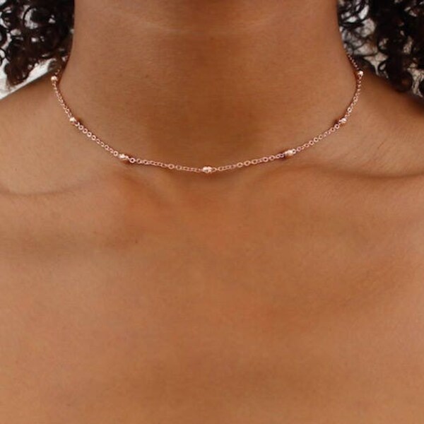 Rose Gold Satellite Chain Choker, Dainty Rose Gold Choker Necklace, Non-Tarnish Necklace, Beaded Chain Necklace, Gift for Mom, Gift for Her