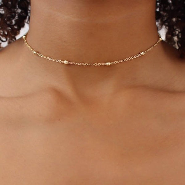 Satellite Chain Necklace, Dainty Choker Necklace, Dainty Silver Choker Necklace, Gold Beaded Chain Necklace, Gift for her, Bridesmaid Gift