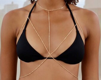 Waterproof Gold Filled body Chain, Chain Bralette, Silver Body Chain, Layering Gold Chain Bra, Body Harness, Body Jewelry, Gold Bra Chain