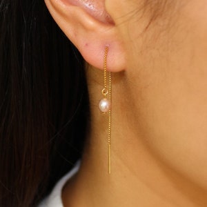 Gold Filled Dainty Pearl Earrings, Threader Earrings, Crawler Earrings, Ear Climber, Real Pearl Dangle Earrings, Pearl Threader Earrings