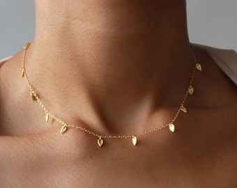 Dainty Gold Choker, Gold Leaf Dangle Choker, Choker Necklace, Gold Vermeil Dainty Choker, Dainty Drop Choker, Gift For Her, Bridesmaid Gift