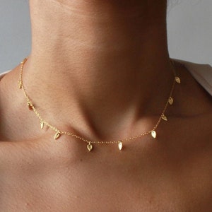 Dainty Gold Choker, Gold Leaf Dangle Choker, Choker Necklace, Gold Vermeil Dainty Choker, Dainty Drop Choker, Gift For Her, Bridesmaid Gift image 1