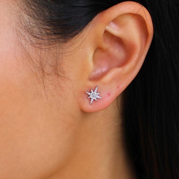 Sterling Silver Star Stud Earrings, North Star Earrings, Starburst Earrings, Diamond Earring, Dainty Minimalist Earrings , Bridesmaid Gift,