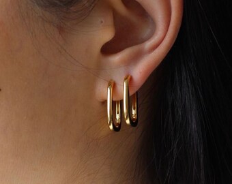 Chunky Hoops, Gold Rectangular Hoop Earring, Gold Filled Hypoallergenic Earrings, Gold Hoop Earrings, Thick Hoop Earring, Stacking Earring