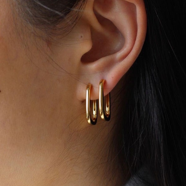 Chunky Hoops, Gold Rectangular Hoop Earring, Gold Filled Hypoallergenic Earrings, Gold Hoop Earrings, Thick Hoop Earring, Stacking Earring