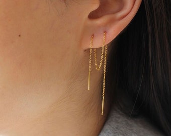 Long Threader Earrings, Chain Earring, Crawler Earrings, Pull Through Earrings, Dainty Chain Threader, Bar Ear Threader, String Earrings