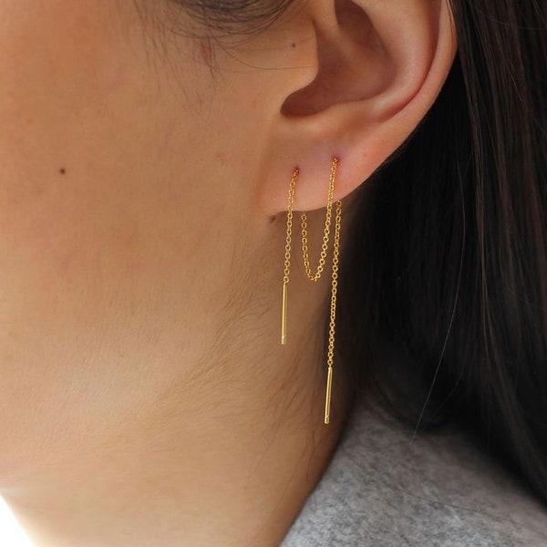 Long Threader Earrings, Chain Earring, Crawler Earrings, Pull Through Earrings, Dainty Chain Threader, Bar Ear Threader, String Earrings