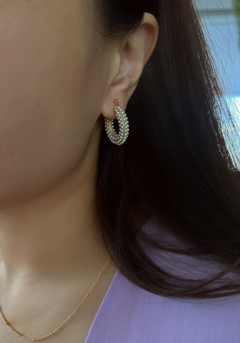 Pave Pearl Hoop Earrings, Gold Pearl Thick Hoops, Statement Hoop Earrings, Wedding Jewelry, Trendy Gold Hoop Earrings, Bridesmaid Gift image 3