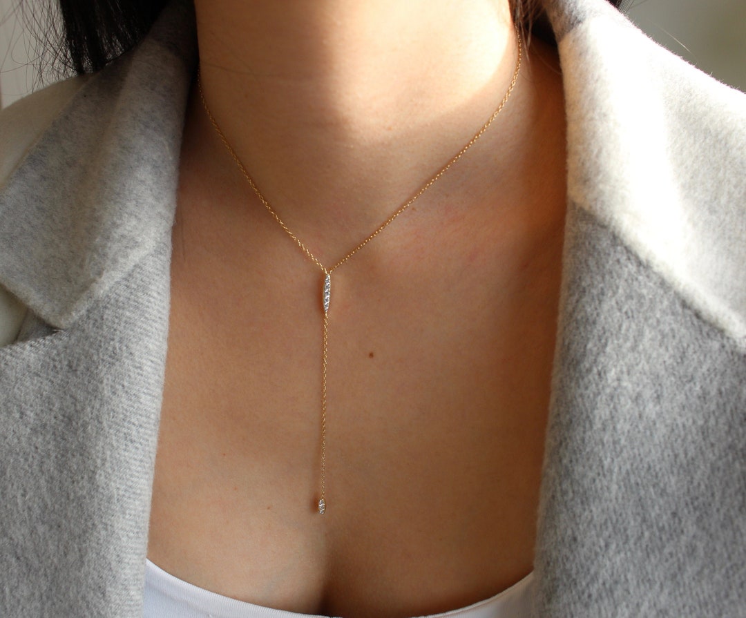Dainty Gold Lariat Necklace, Lariat Y Necklace, Cubic Zirconia Necklace