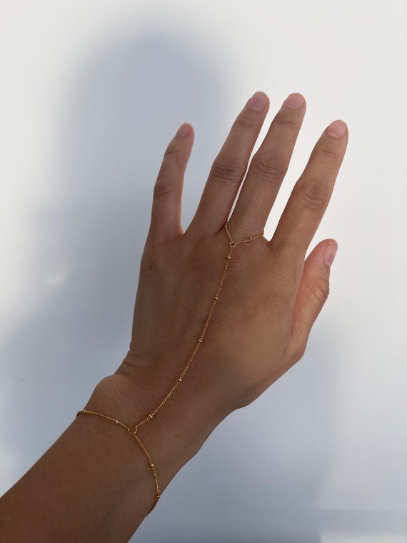 14K Solid Gold Hand Chain Bracelet W/Zircon Heart Shaped Finger Ring  Bracelet | eBay