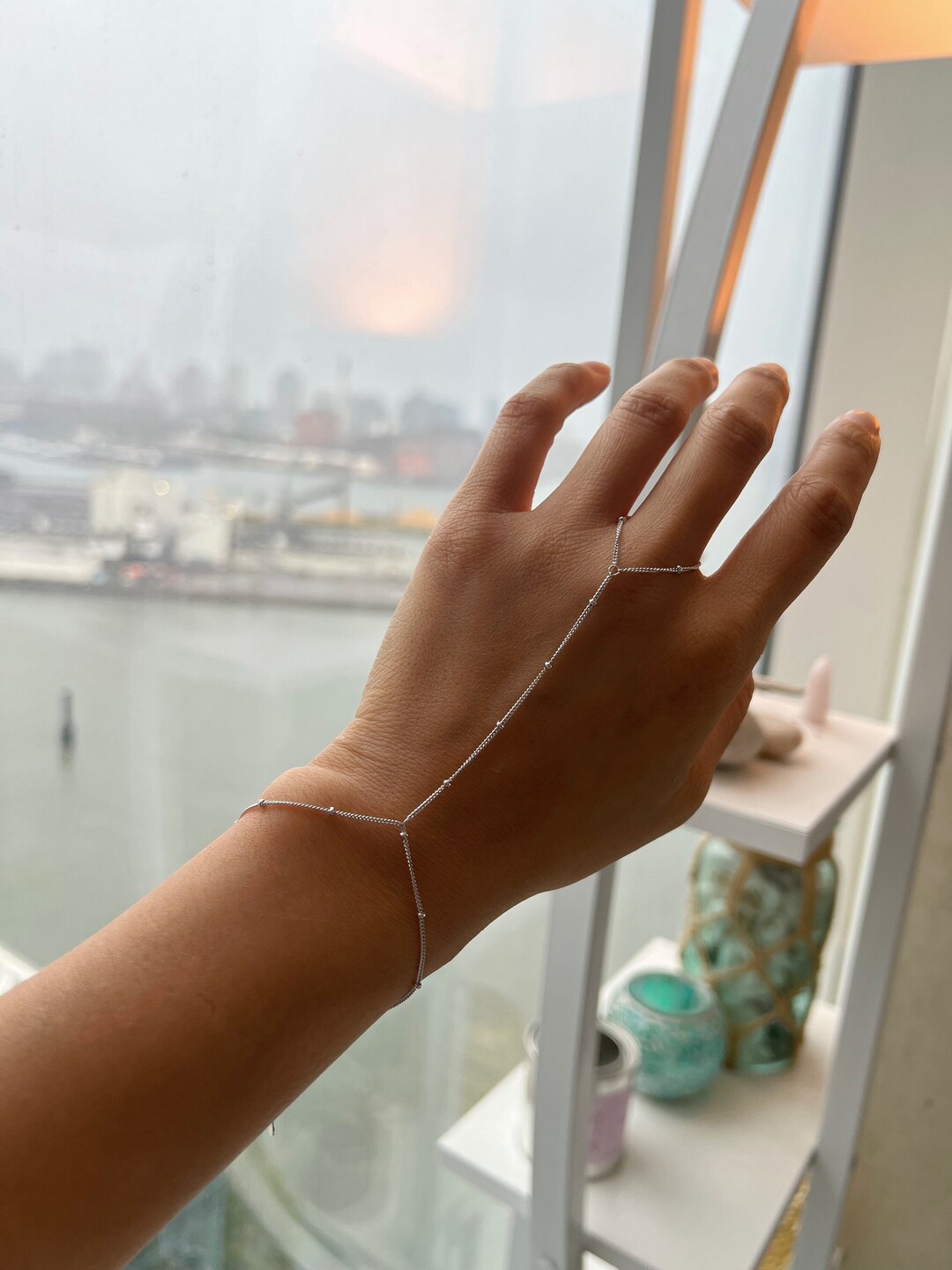 Sterling Silver Hand Chain, Beaded Hand Chain Bracelet, Dainty Hand