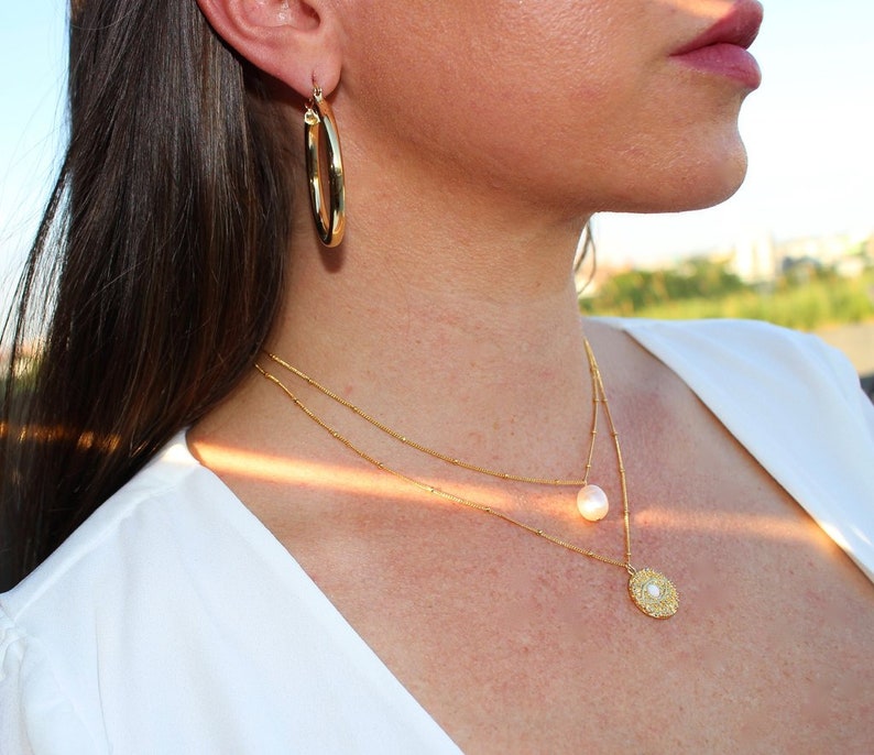 Satellite Chain Necklace Gift for Her Gold Coin Necklace Layering Necklace Opal Evil Eye Necklace CZ Necklace Gold Medallion Necklace