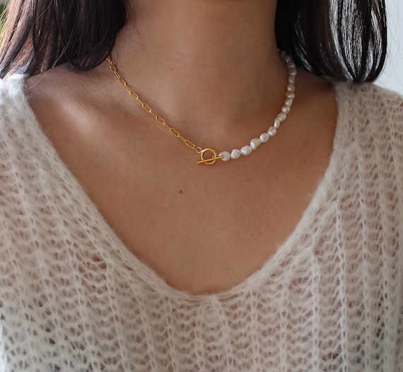 Toggle Clasp Pearl Chain Necklace Gold Toggle Necklace Pearl